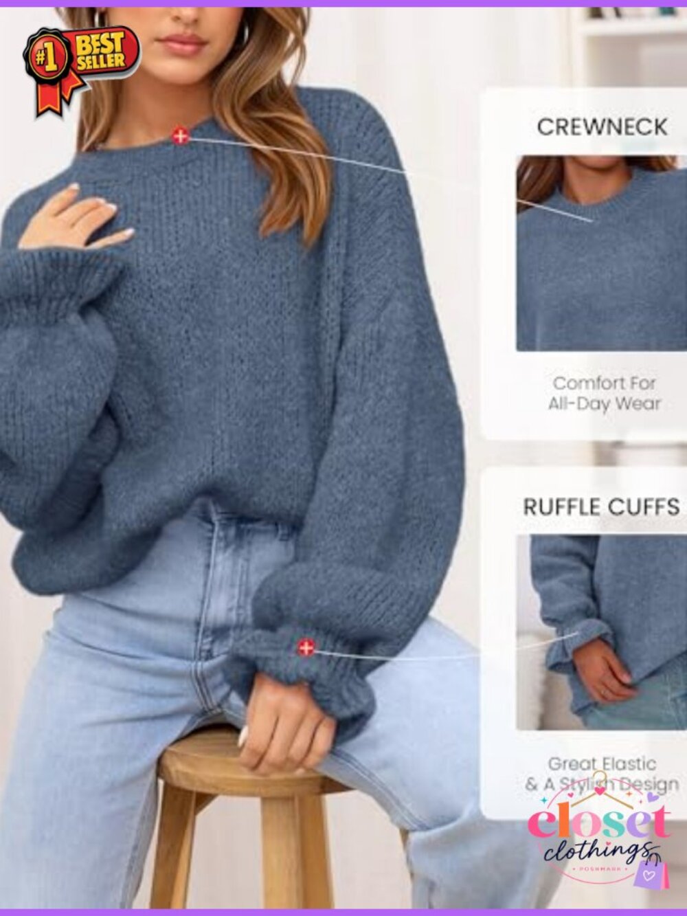 Oversized Chunky Knit Sweater Crew Neck Lantern Sleeve Ruffle Cuff - Picture 3 of 6